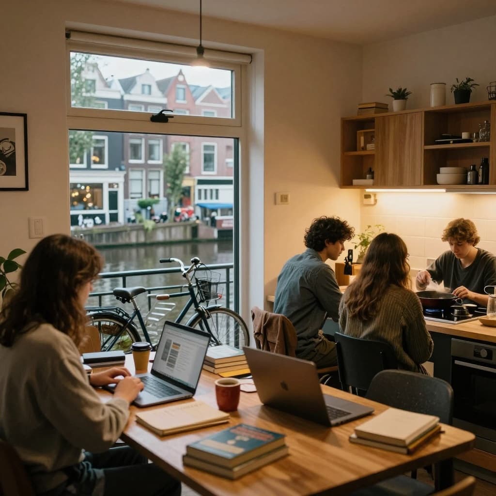 Warm, inviting student apartment in Amsterdam with bikes visible outside the window overlooking a canal, books and laptops on the table, and friends cooking in the kitchen under soft interior lighting.