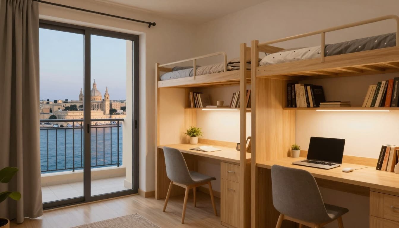 Cozy shared student apartment interior in Malta featuring beds, study desks, and a balcony overlooking Valletta harbor. Modern simple decor with books and laptops on the table, bathed in warm evening light, creating an inviting atmosphere without people, text, or logos.