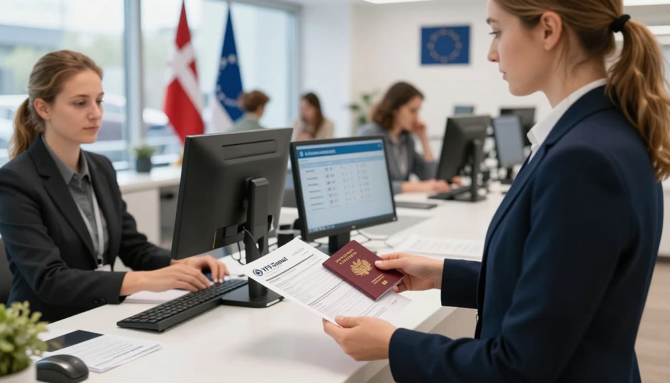 A professional person hands over passport and forms to a VFS Global staff member at a modern visa application center counter. Background features waiting area, Danish and Schengen flags, and organized office with natural lighting.
