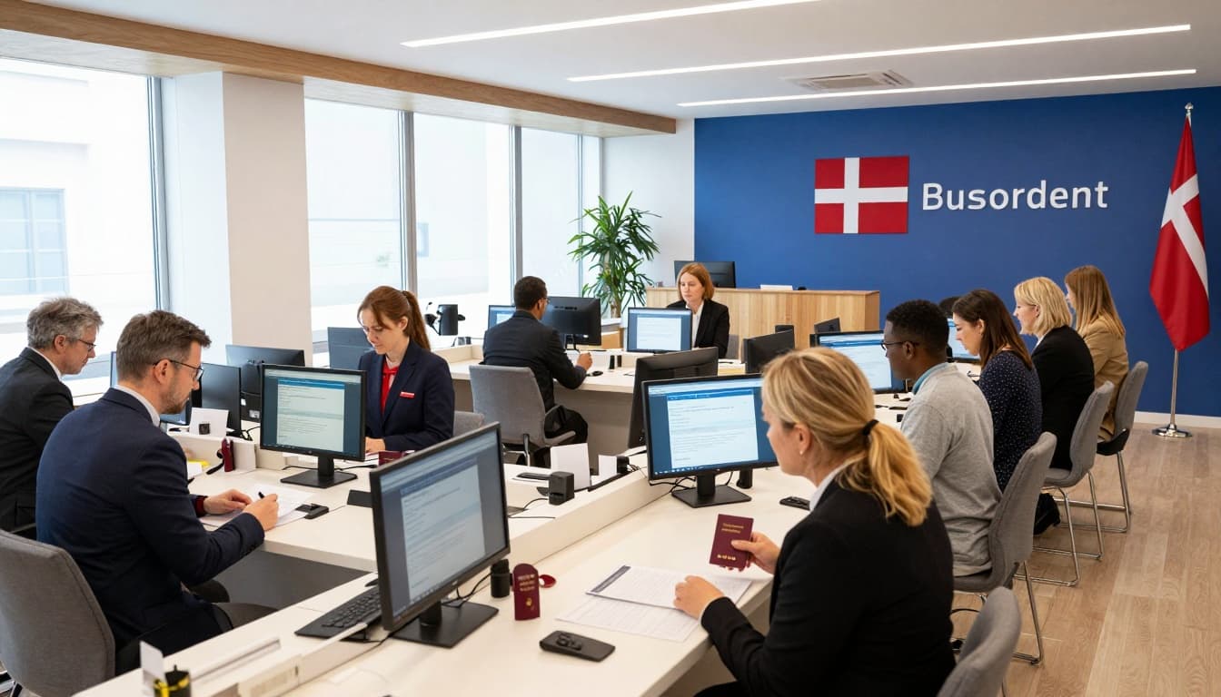 Denmark Visa Application Fee 2026: Full Cost Guide 2 Photorealistic wide-angle view of a busy visa application center inside a modern Danish embassy, featuring diverse applicants submitting documents and passports to officers behind glass windows amid Danish flags and computer screens.
