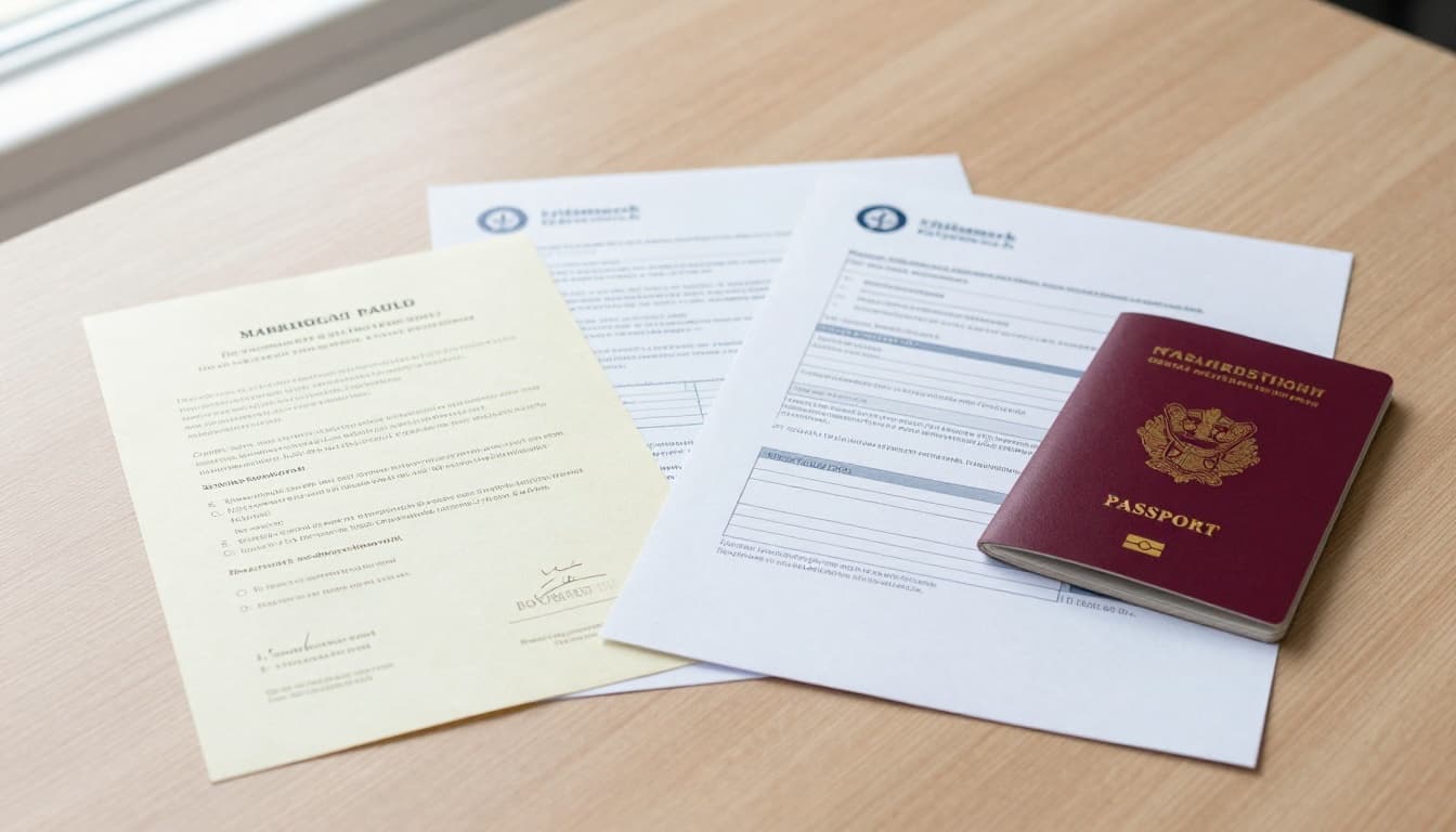Documents and passport spread on a table for Danish family reunification visa application, including marriage certificate, housing contract, income proof, and official forms from nyidanmark.dk, arranged on a clean wooden table with soft natural light, realistic photo style, organized layout, no people.