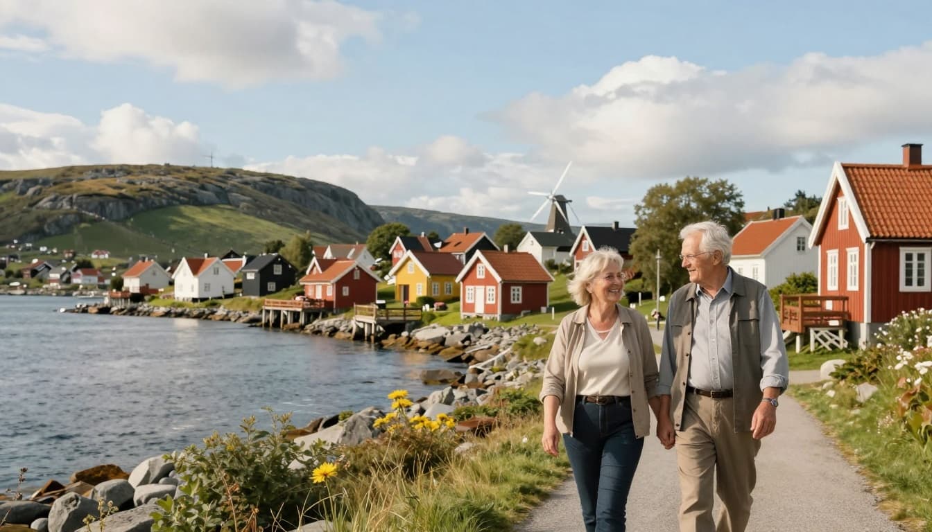 Retirement Visa Denmark: Real Options (No Easy Permit) 5 A serene Danish landscape features a cozy coastal village with colorful houses along a fjord, where an elderly couple strolls hand-in-hand along a scenic path amid rolling green hills and distant windmills.