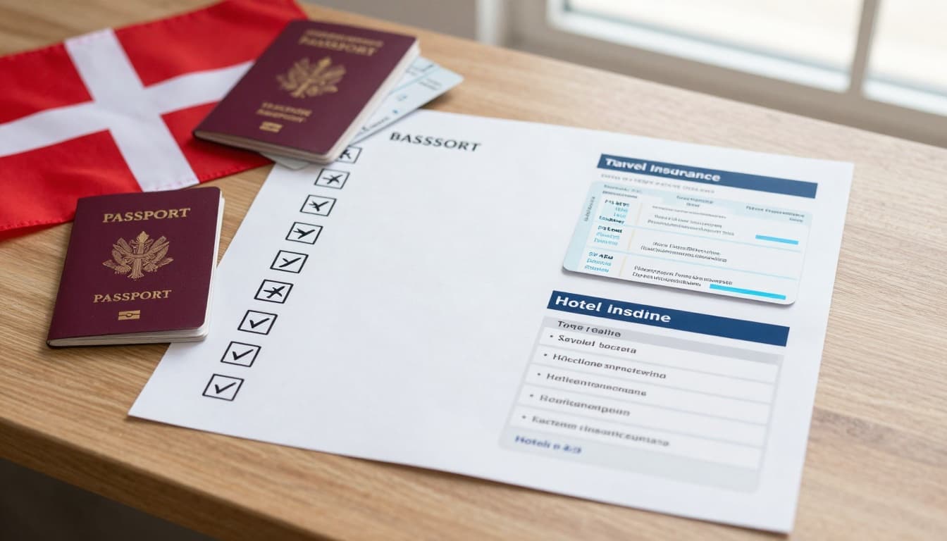 An organized checklist on a wooden desk with icons for passport, airplane ticket, bank statements, travel insurance documents, and hotel booking confirmation, featuring a Danish flag in the corner under soft natural light.