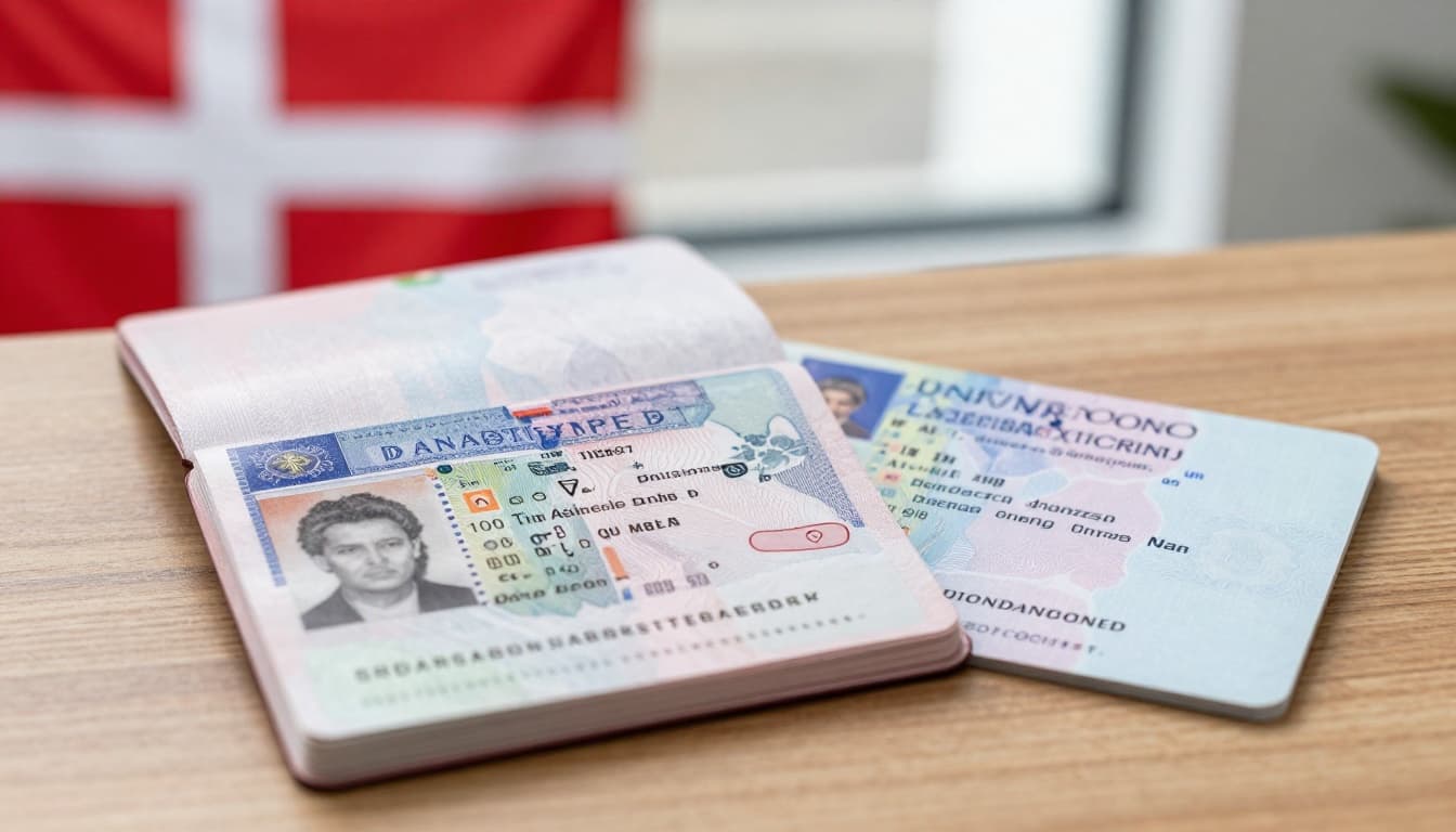 A realistic close-up photo of an open passport displaying a Danish Type D long-stay visa sticker next to a Danish residence permit card on a wooden table, featuring soft natural lighting and a subtle Danish flag in the blurred background.