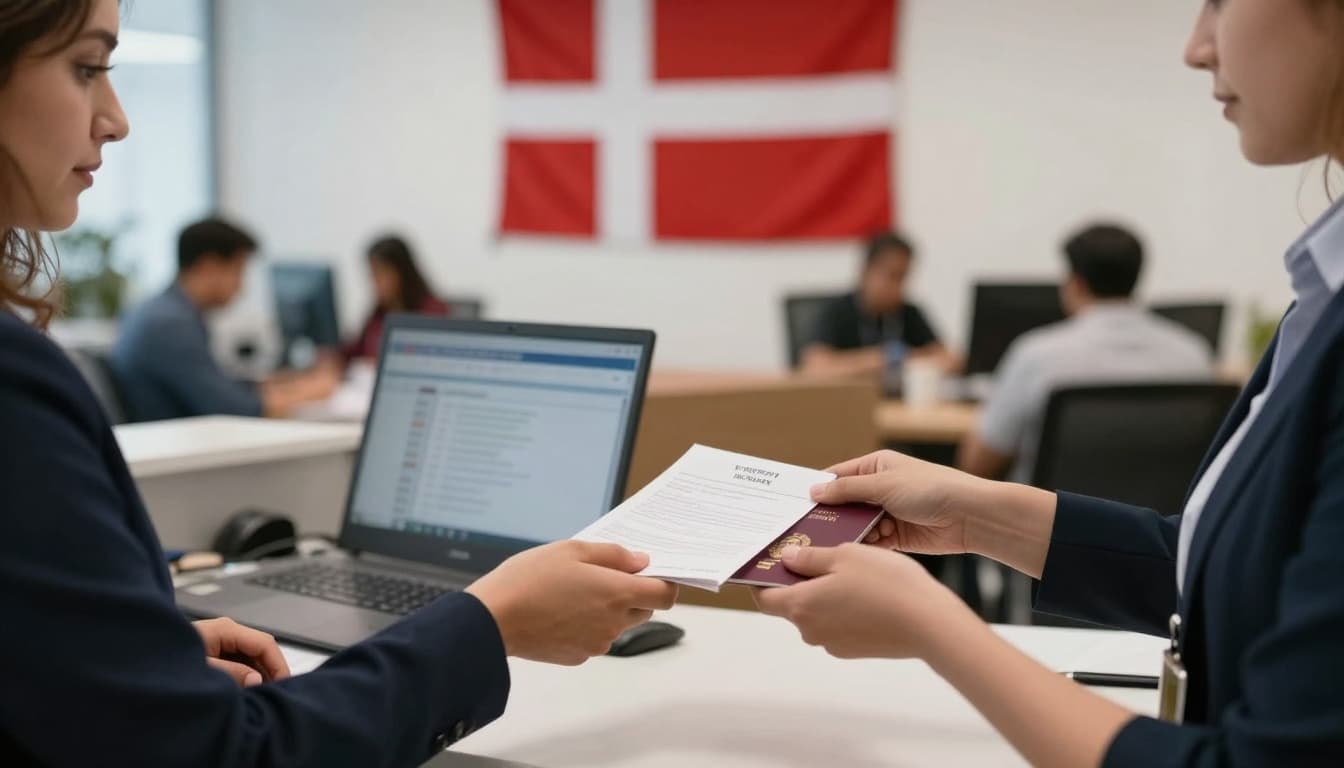 Denmark Visa Processing Time 2026: 15-45 Days + Tips 2 A busy visa application center counter where a person hands over passport and documents to an officer, Danish flag on the wall in background, modern office with people waiting, natural lighting, realistic photography style, professional atmosphere, no text or logos.