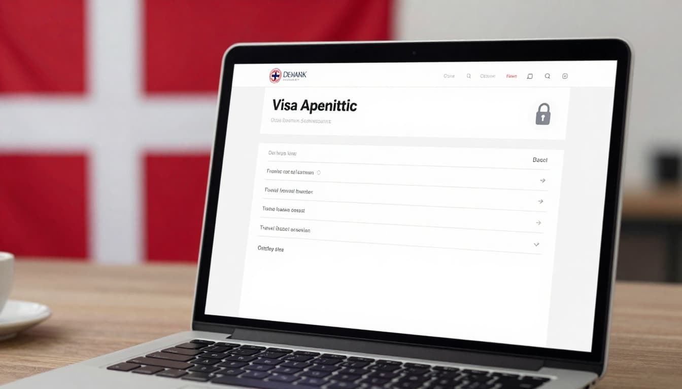 Denmark Visa Application Form PDF 2026, ApplyVisa Steps 2 A realistic high-resolution image of a laptop screen displaying a clean, official Danish visa application online portal interface in a modern office environment, with form fields for personal details and travel information, subtle Danish flag colors, secure padlock icon, and professional lighting.