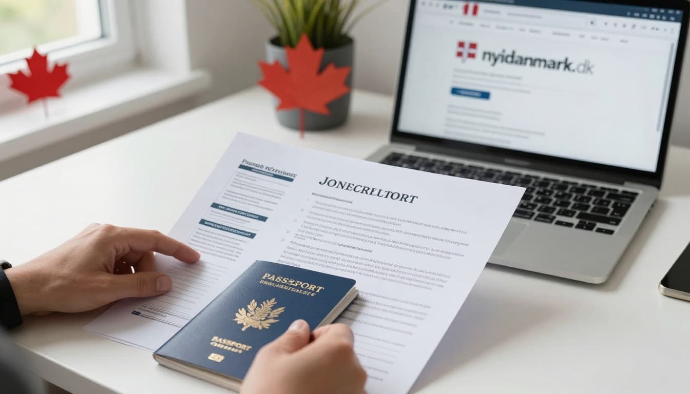 A person at a desk in a modern Canadian home office reviews Danish work visa documents, including passport and job contract, with a laptop displaying nyidanmark.dk. Natural daylight illuminates the organized space with maple leaf decor and Danish flag sticker.