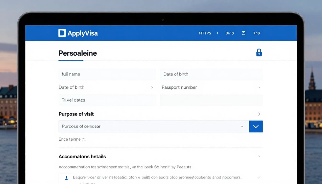 Denmark Visa Application Form Online (ApplyVisa) 2026 2 Professional screenshot of Denmark's Schengen visa online application form interface on a laptop, showing fields for personal details, passport info, travel dates, and accommodation, with subtle Copenhagen skyline background at dusk.
