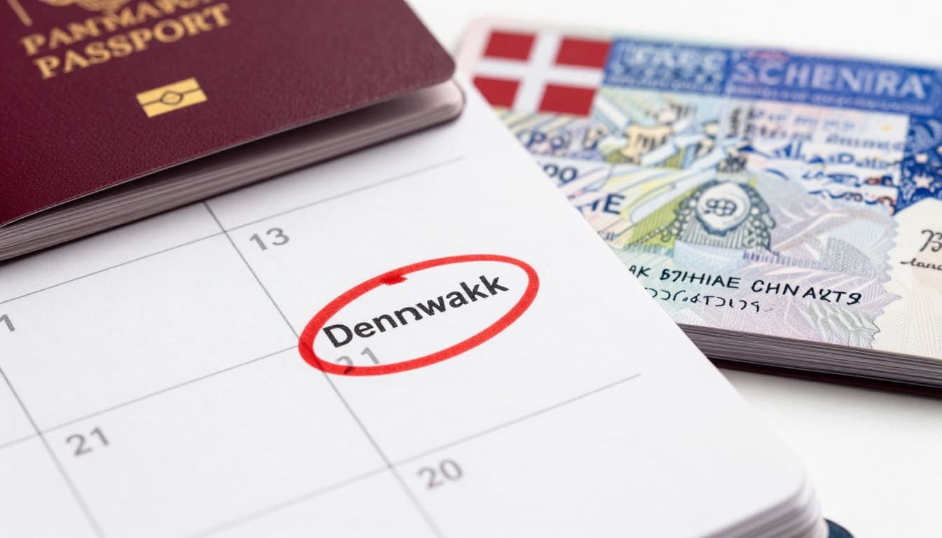 Close-up of an open calendar marked with a red-circled Denmark visa appointment date next to a passport with a fresh Schengen visa stamp and Danish flag elements.