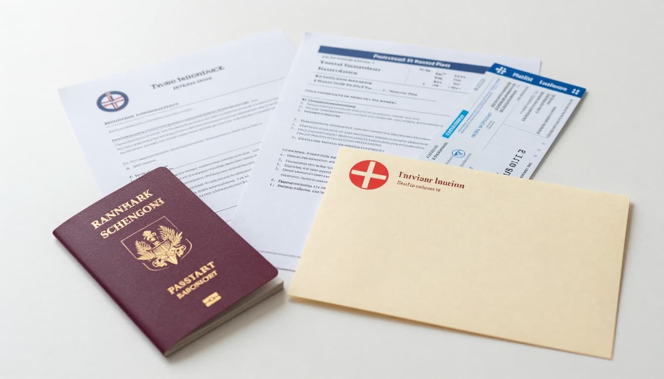 Denmark Visa Application Form 2026, ApplyVisa Online 3 Neatly arranged stack of essential documents for Denmark Schengen visa application, including passport, cover letter, travel insurance, bank statements, flight tickets, and invitation letter on a table with soft natural light and clean white background.