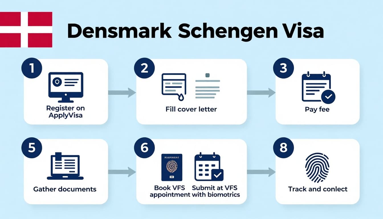 Clean professional infographic illustrating the 8-step process for applying for a Denmark Schengen visa from Pakistan, featuring simple icons and modern flat design in light blue, white, and Danish flag accents.