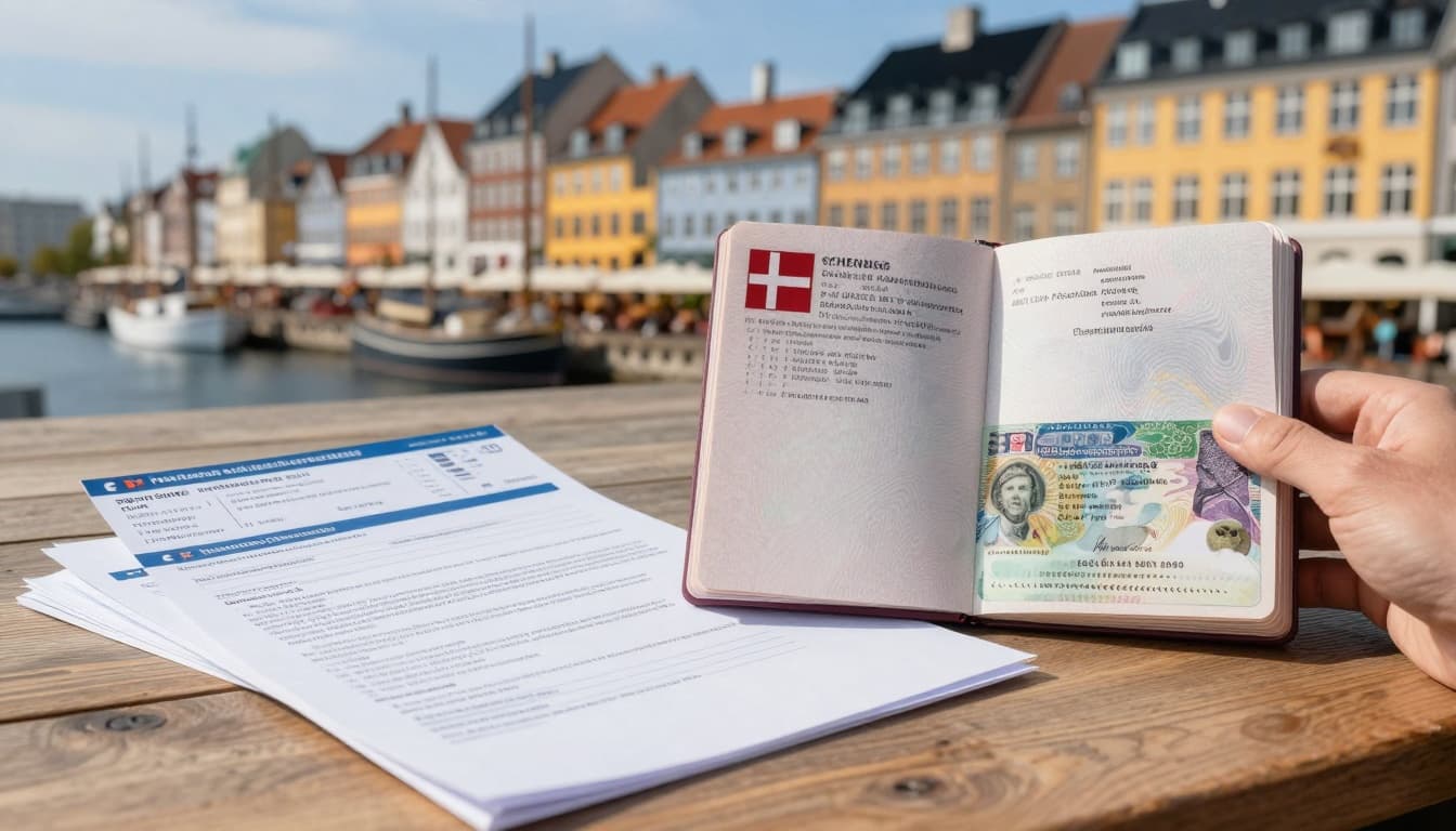A hand holds an open passport showing a Denmark Schengen visa sticker beside travel documents like tickets, bookings, statements, and insurance on a wooden desk, with blurred Nyhavn harbor in the background.