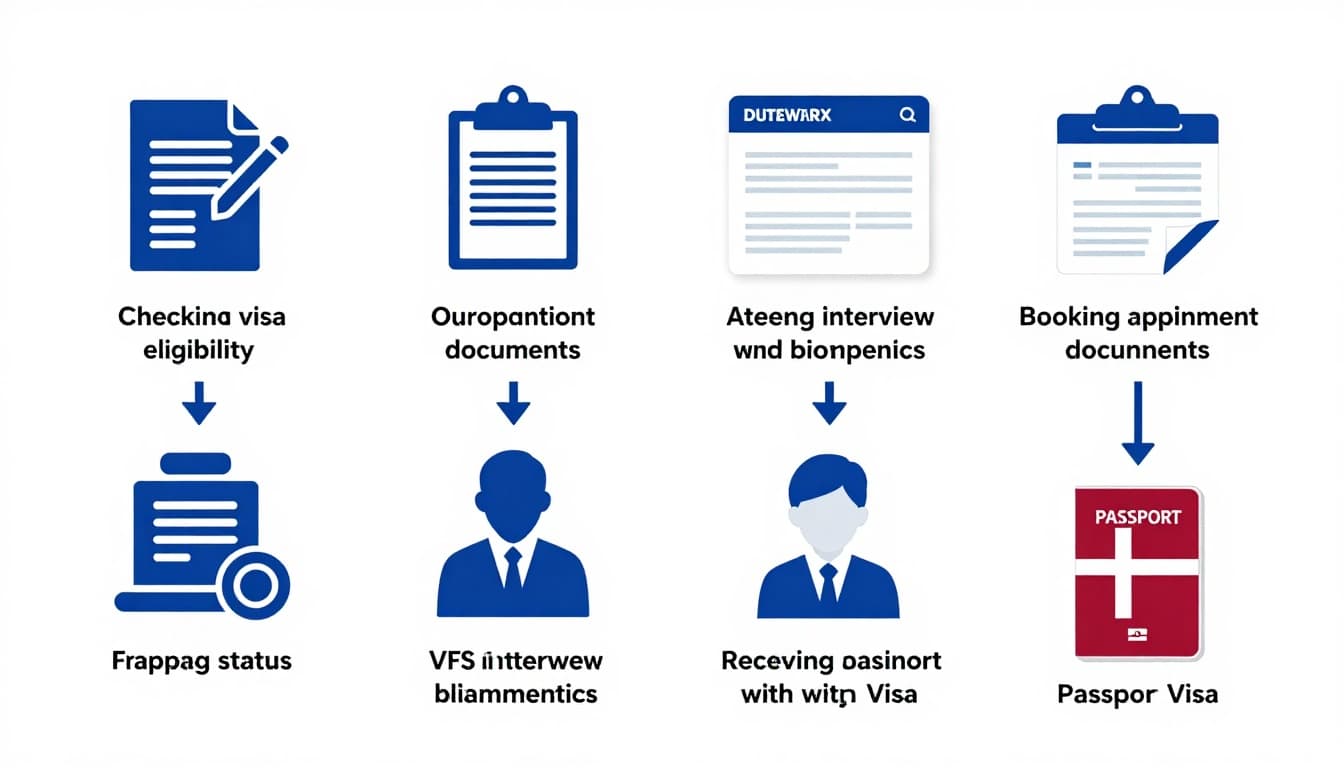 Step-by-step visual guide with icons illustrating the Denmark visa application process, from eligibility check to passport delivery. Clean, modern flat design in blue and white inspired by the Danish flag.