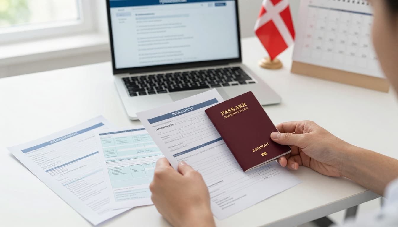 Hands arranging passport, application form, travel itinerary, bank statements, and insurance papers on a clean desk for Denmark visa. Background features laptop on nyidanmark.dk, Danish flag, and calendar with visa timeline.