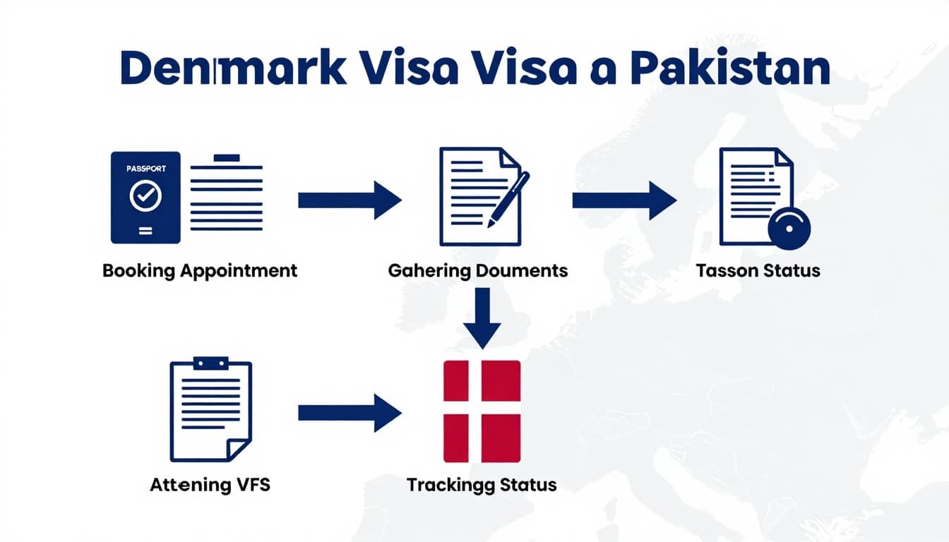 Clean infographic outlining the step-by-step Denmark visa application process for Pakistanis, with icons for passport check, form filling, appointment booking, document gathering, VFS attendance, status tracking, and passport collection in modern flat design using Denmark flag colors.