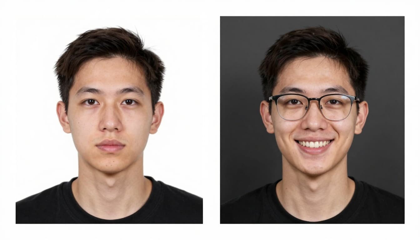 Realistic side-by-side comparison of passport-style photos for Denmark visa. Left: correct with neutral expression, plain white background; right: incorrect with smile, shadows, and errors.