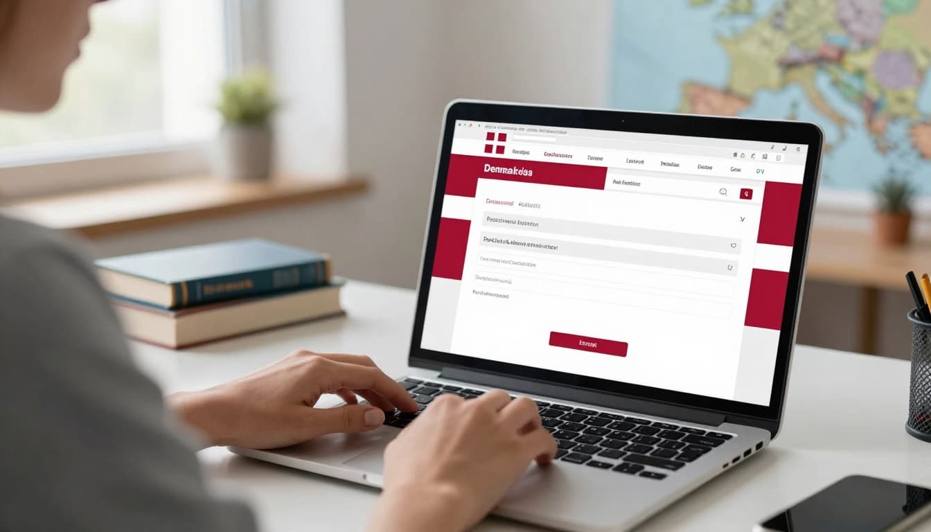 A person sits at a desk in a modern home office, viewing the Denmark visa application tracking webpage on their laptop screen, which displays fields for passport and reference number. The background features a Danish flag, natural daylight from a window, softly blurred office elements like travel books and a Europe map, in a realistic, high-detail style with a calm mood.