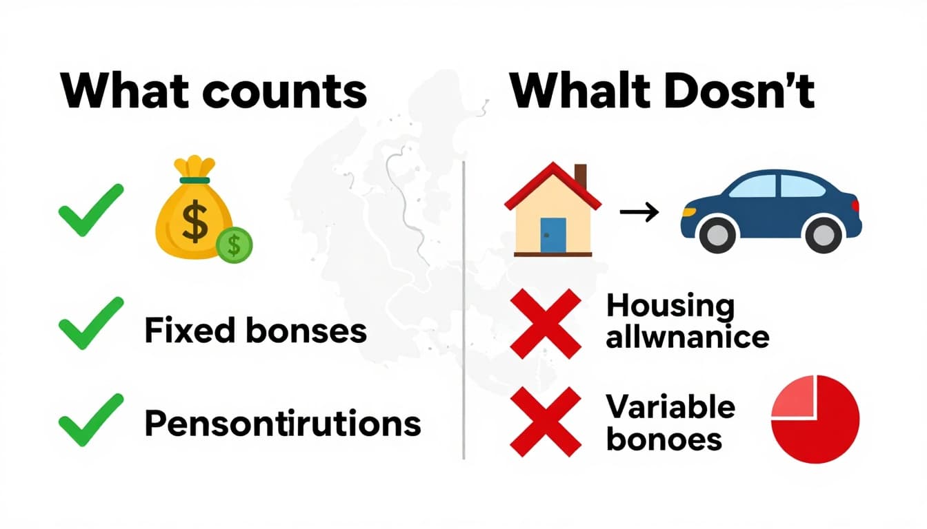 Infographic style illustration showing salary components for Denmark work visa: green checkmarks on cash salary, fixed bonuses, pension contributions; red X on housing allowance, company car, variable bonuses. Clean divided sections for what counts and what doesn't, with simple icons and subtle Danish map background in modern flat design.