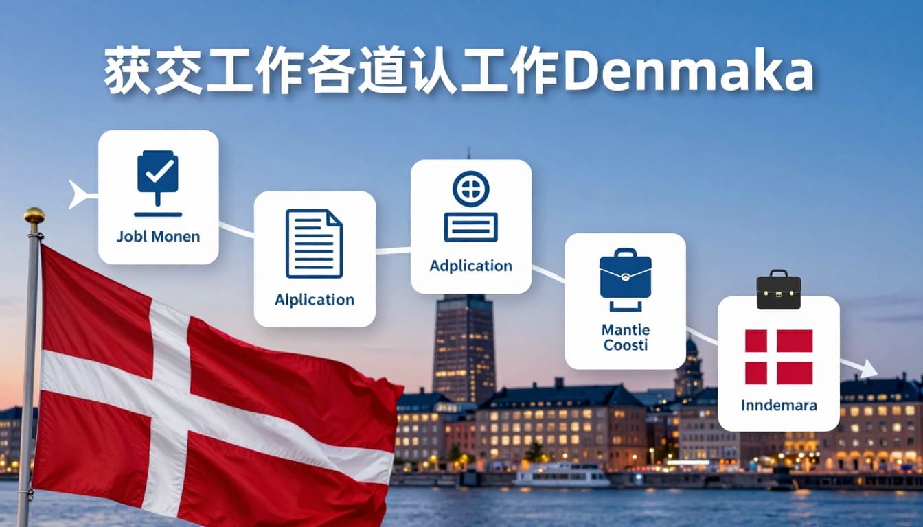 A professional landscape infographic depicting the step-by-step process to obtain a work visa to Denmark, featuring a waving Danish flag, key step icons, and a modern Copenhagen skyline at dusk in blue and white tones.