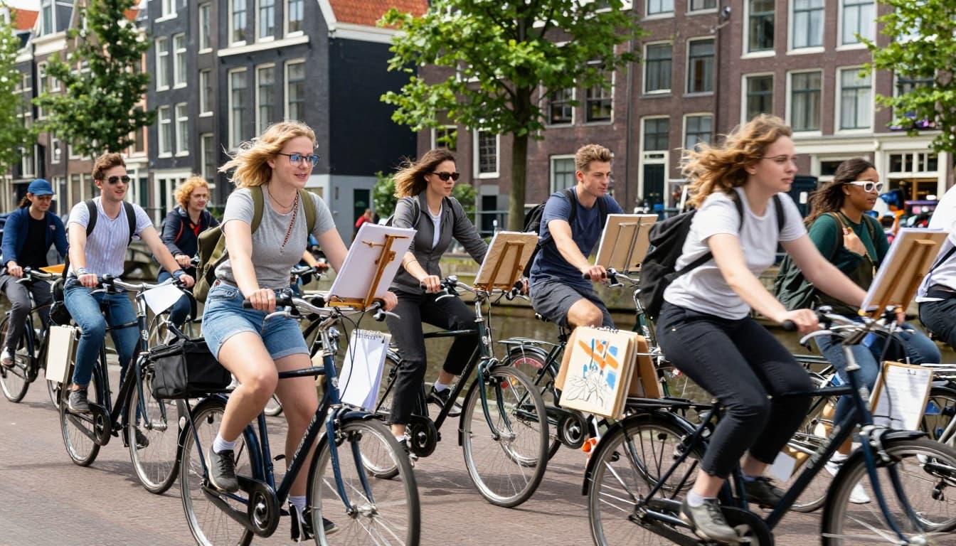 Group of diverse international art students biking along Amsterdam canals on a sunny day, carrying sketchbooks, art portfolios, and easels on their bikes, with iconic Dutch houses and bridges in the background, lively energetic mood in photorealistic style.