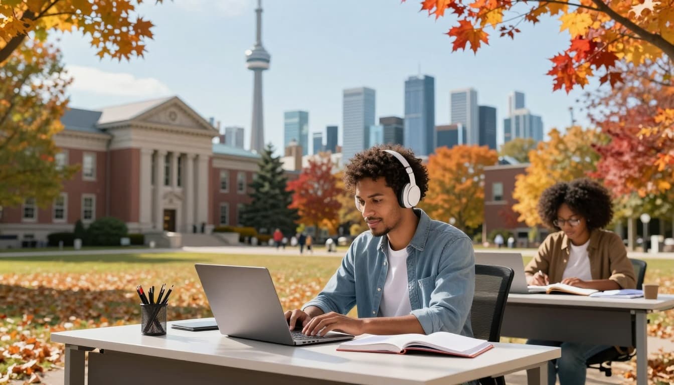 Spouse Open Work Permit Canada Guide | Qualify, Apply, Fees 5 Vibrant landscape of a diverse couple in Canada: husband working at a modern office desk with laptop, wife studying at university campus, Toronto skyline and autumn maple leaves in sunny background.