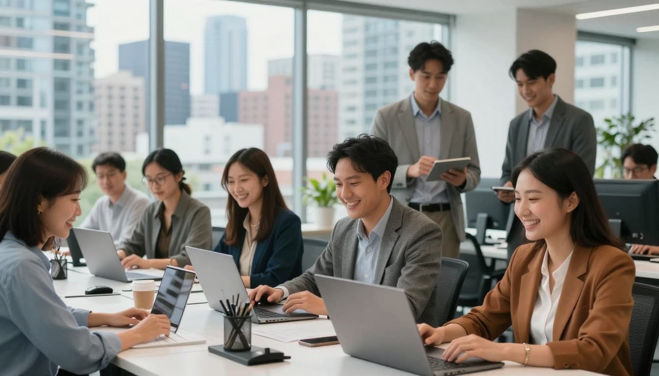 Open Work Permit Canada Guide: Eligibility, How to Apply 2 A diverse group of professionals working happily in modern Canadian offices and outdoor settings in cities like Toronto and Vancouver, showing flexibility in jobs from tech to hospitality under bright daylight.