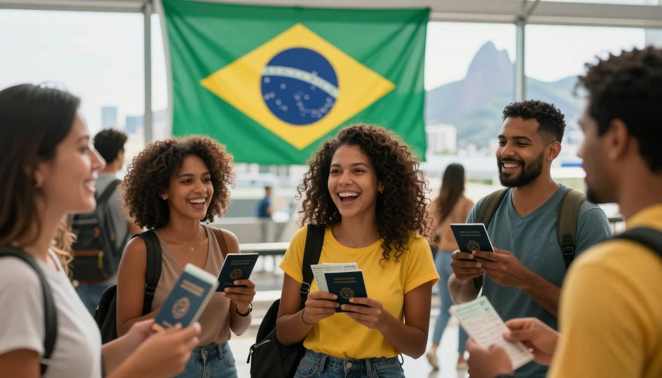 A vibrant scene of diverse immigrants arriving at a Brazilian airport, holding passports and visas, with the Brazilian flag and Rio de Janeiro skyline in the background under sunny daylight.