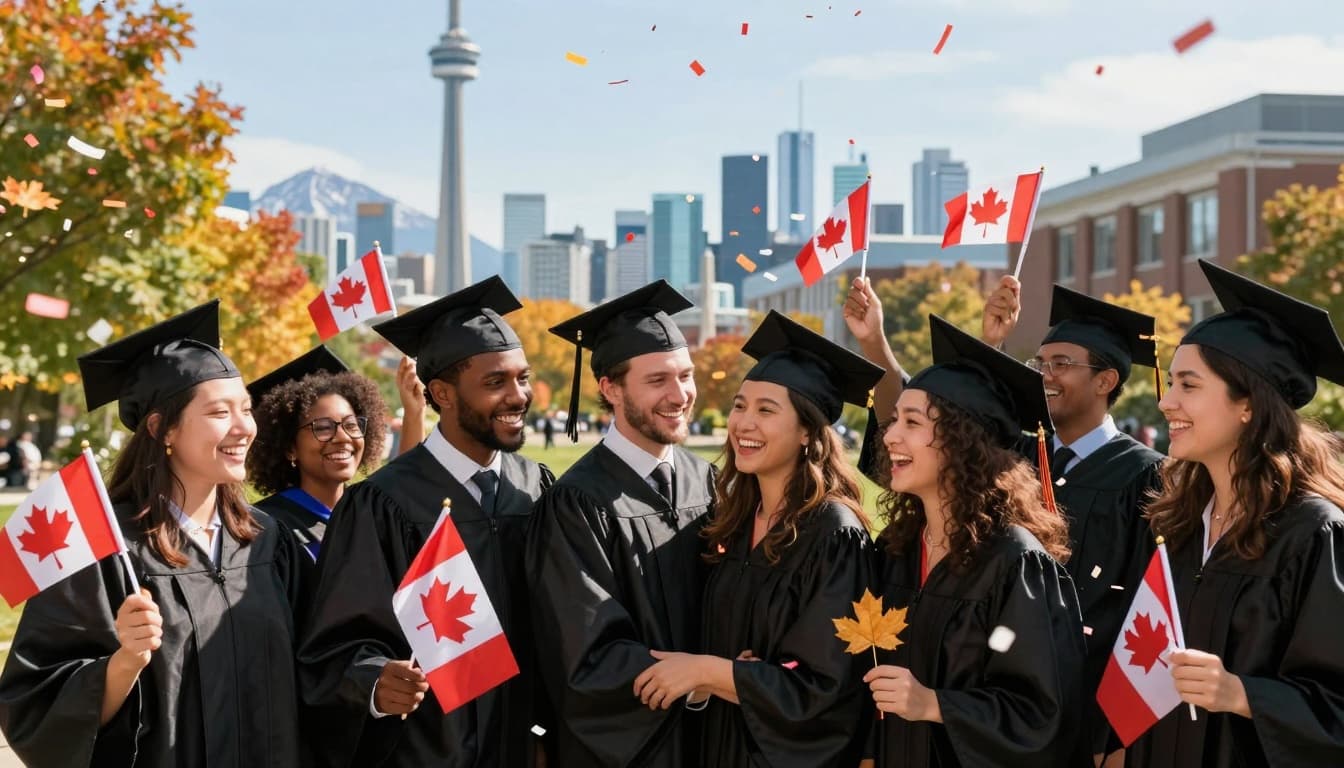 A vibrant scene of diverse international graduates in caps and gowns joyfully celebrating graduation on a sunny Canadian university campus, holding flags and maple leaves amid falling confetti and autumn leaves. The background features the Toronto skyline or Rocky Mountains with modern buildings under bright natural light.