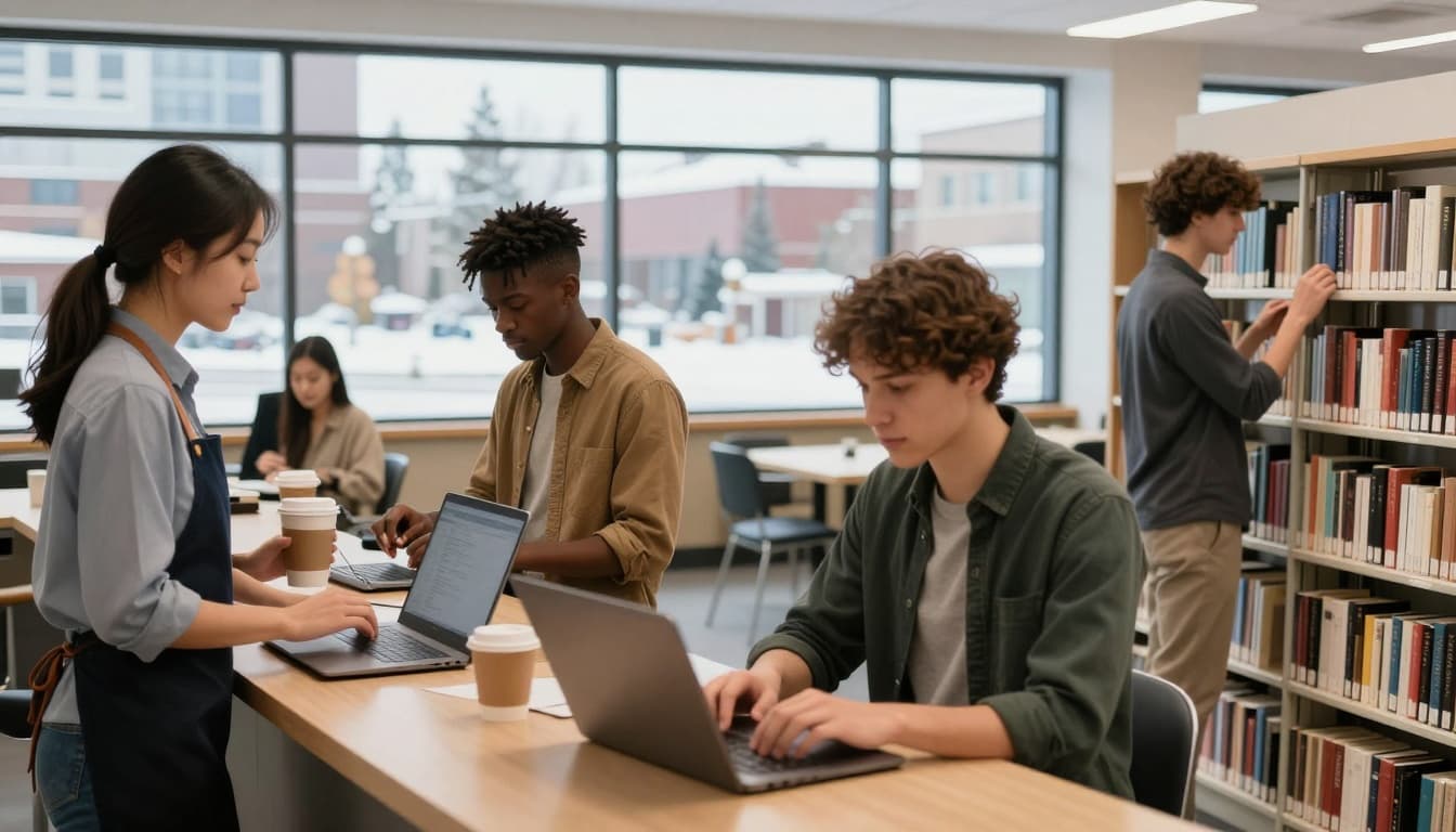 Study Permit Canada Work Hours to 24 Hours Off-Campus 2 Diverse group of Asian, African, and European international students in Canada manage studies and part-time jobs, shown serving coffee in a campus cafe, studying in a snowy winter library, and stocking shelves in a campus store.