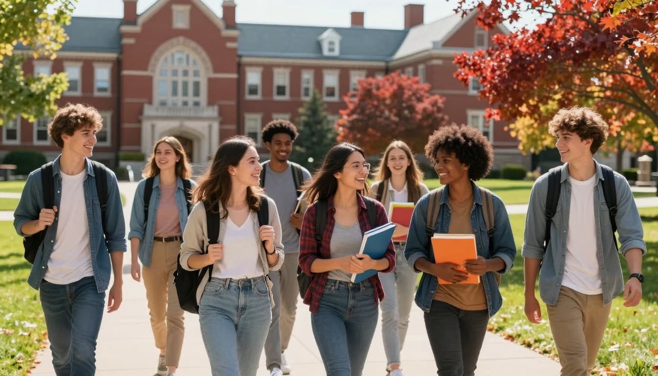Study Permit Canada Application: How to Apply, Rules, Fees 5 A diverse group of smiling international students from various ethnicities walks together on a sunny Canadian university campus in autumn, carrying backpacks and books while chatting animatedly. The background features classic red brick buildings, green lawns, and maple trees with red leaves.