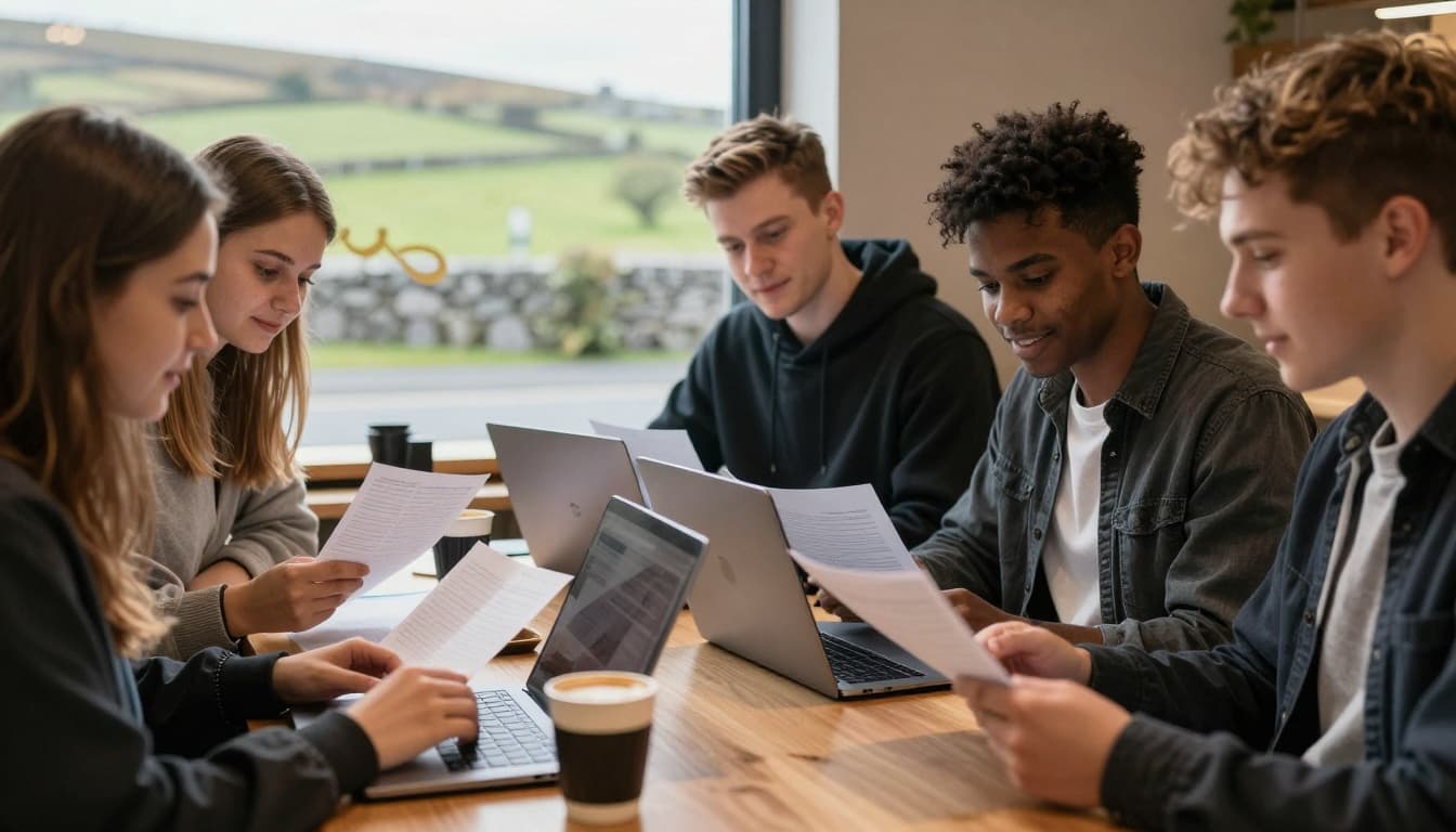 A diverse group of international students sits at a cafe table in Ireland, reviewing budget notes on laptops and notebooks amid coffee cups, with the Irish countryside visible through the window and warm ambient lighting.