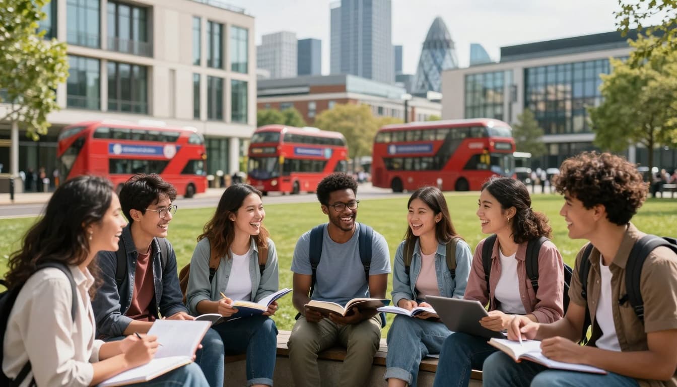 A diverse group of international students from various ethnicities laughs and studies together on a modern university campus in London, featuring iconic red buses, skyline, modern architecture, and green spaces under bright daylight in a photorealistic style.