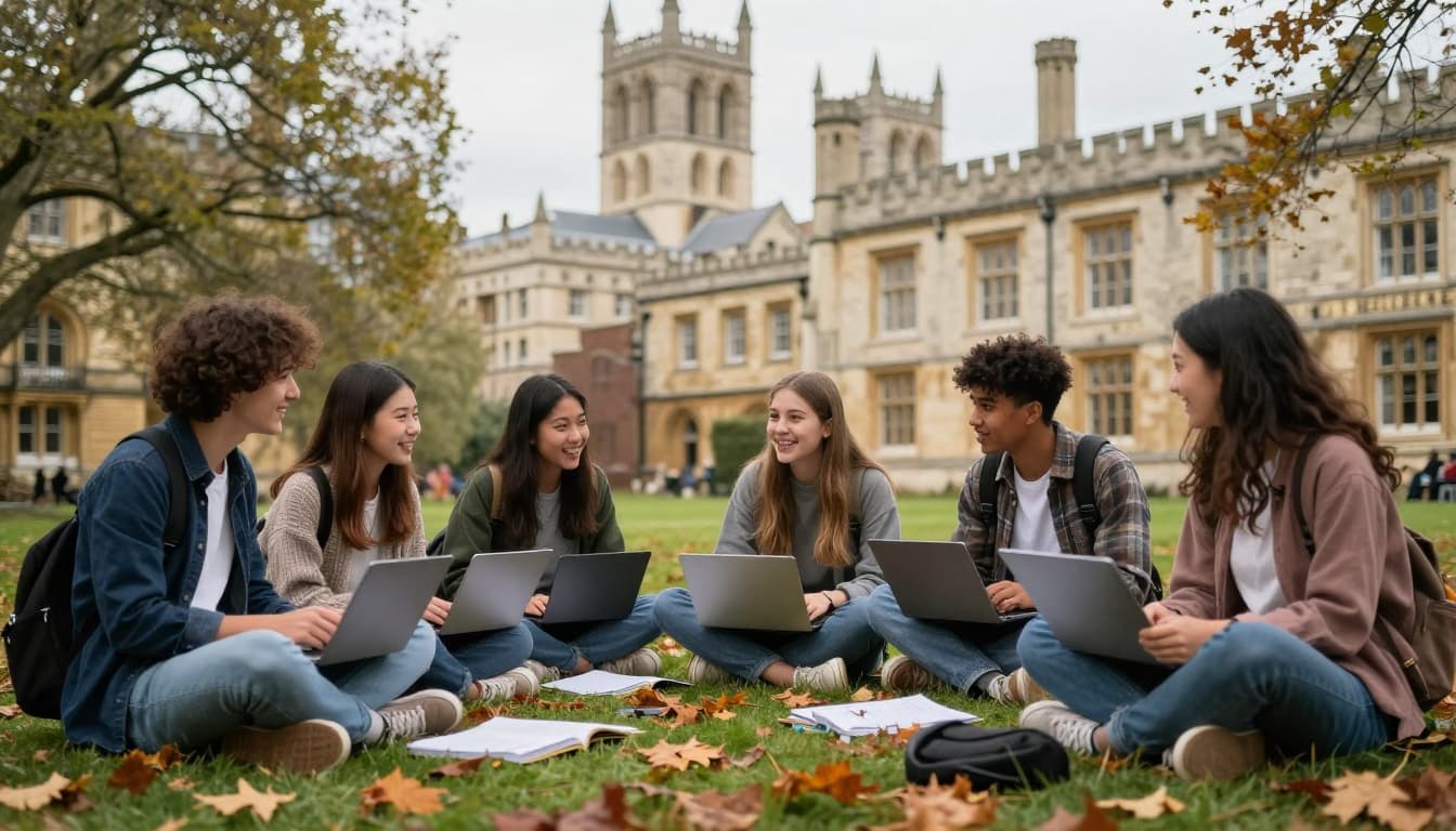 Cheap British Universities for International Students in 2026 4 Students from various countries sit together studying on a university lawn near a historic cathedral city like Chester or Lincoln, laptops open, chatting happily amid autumn leaves in a cozy photorealistic atmosphere with soft sunlight.