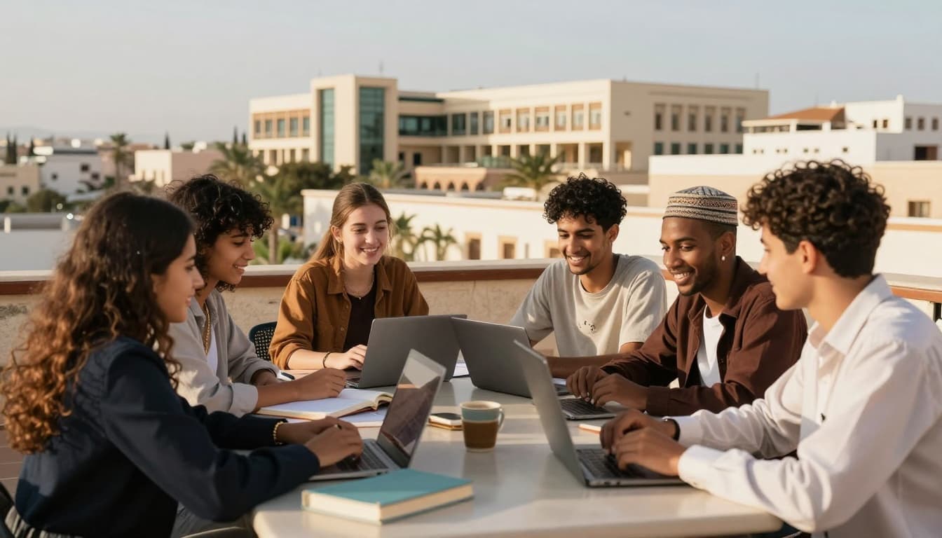 Group of diverse international students including Americans studying together on a sunny terrace of a Moroccan university overlooking Rabat, with modern campus buildings, books, laptops, relaxed atmosphere, and cultural mix.