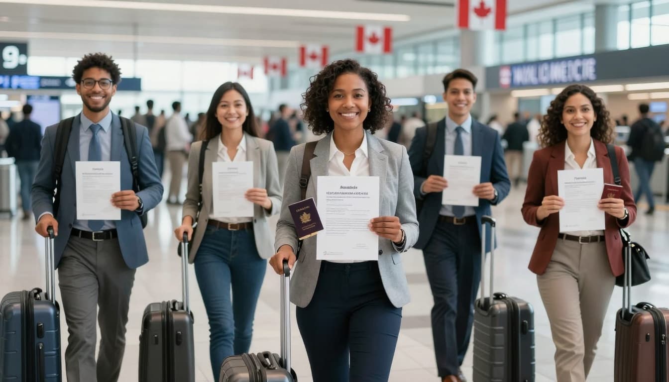 A diverse group of international workers arrives smiling at a Canadian airport, holding suitcases, job offer letters, and passports, with a busy terminal, Canadian flags, and welcome signs in the background.