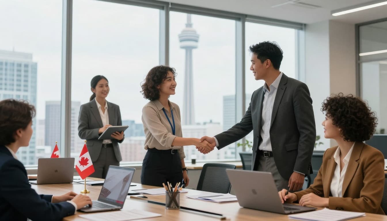 A diverse group of international professionals shaking hands in a modern Toronto office building with the CN Tower visible through large windows, Canadian flags on desks, and laptops scattered around.