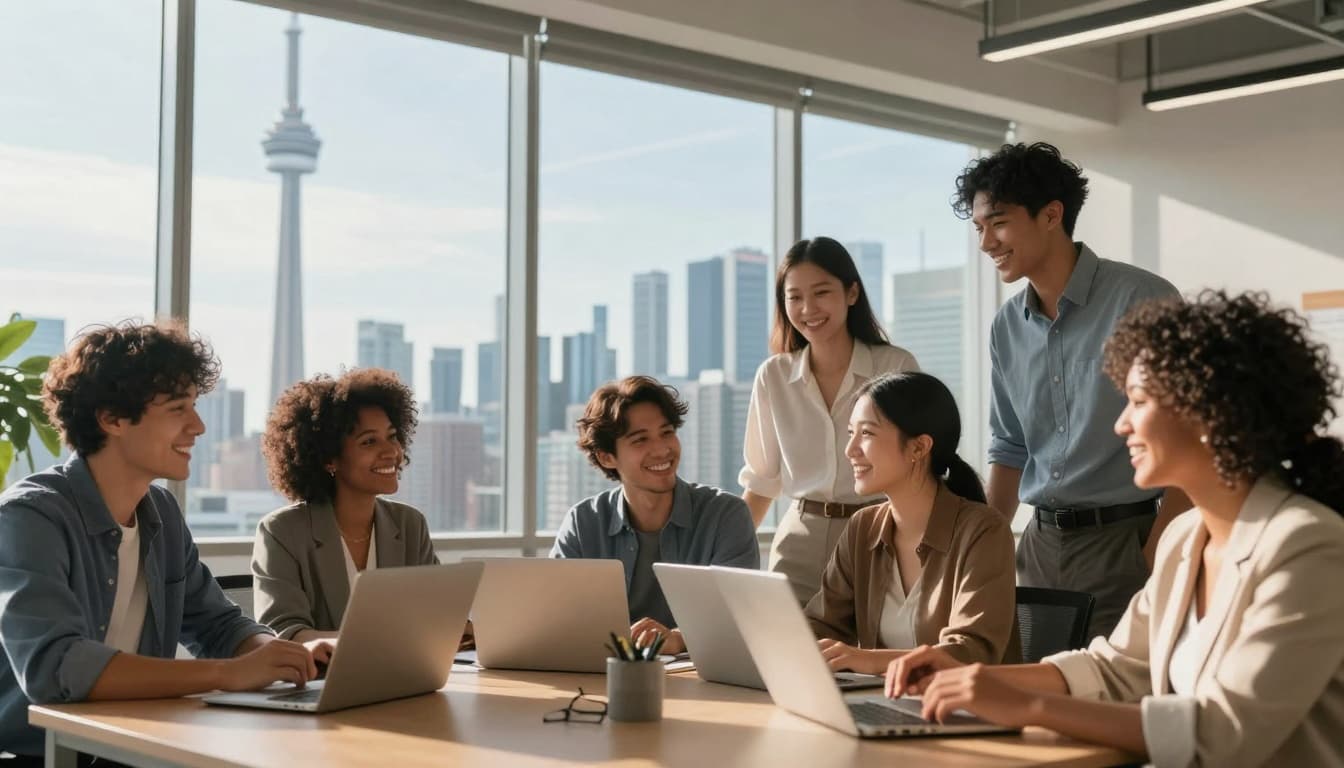 2 Year Work Permit Canada Guide | PGWP IEC LMIA Tips 2 Vibrant image of diverse young professionals from various ethnic backgrounds smiling and collaborating in a modern open-plan office in downtown Toronto, with CN Tower and city skyline visible through large windows on a sunny day.
