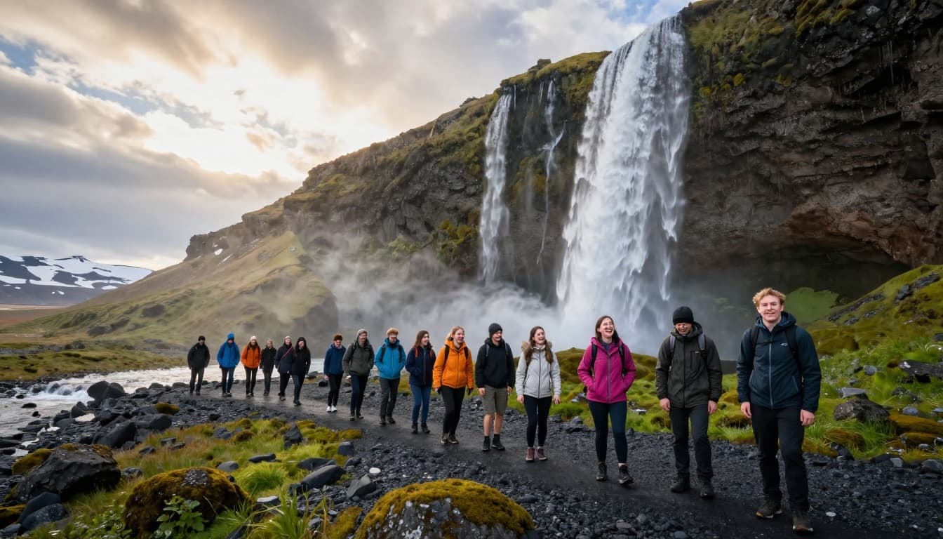 A group of diverse young international exchange students hiking on a rocky trail near a majestic Icelandic waterfall cascading down black volcanic rocks, with lush green moss, mist, and snow-capped mountains under golden sunlight.