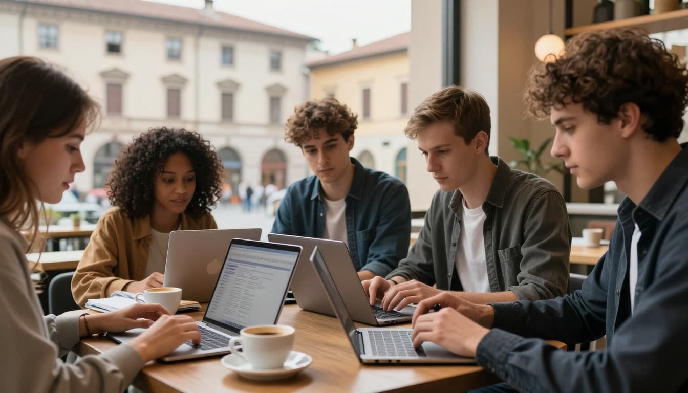 Students from diverse backgrounds intently review university application deadlines on laptops in a cozy Italian cafe near campus, surrounded by coffee cups, notebooks, and historic buildings in the background.