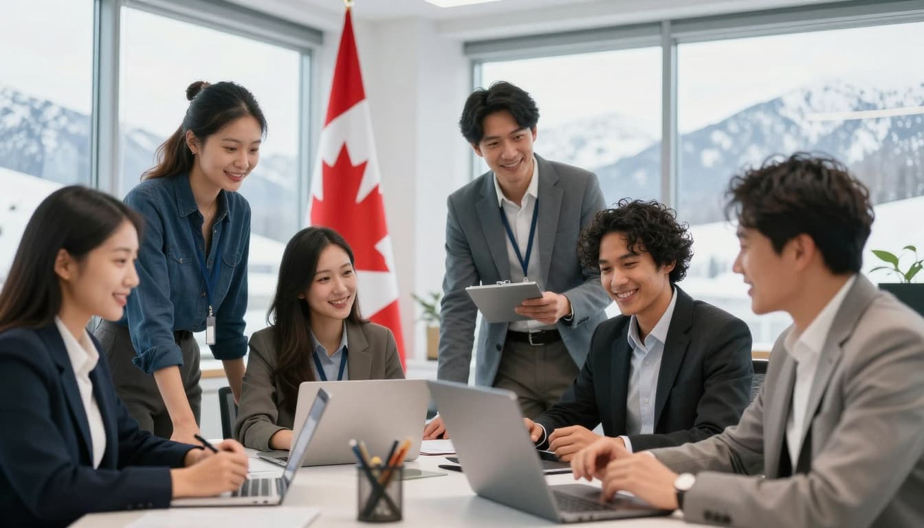 A diverse group of international workers smiling and collaborating in a modern Canadian office, with the national flag and snowy mountains visible through large windows.