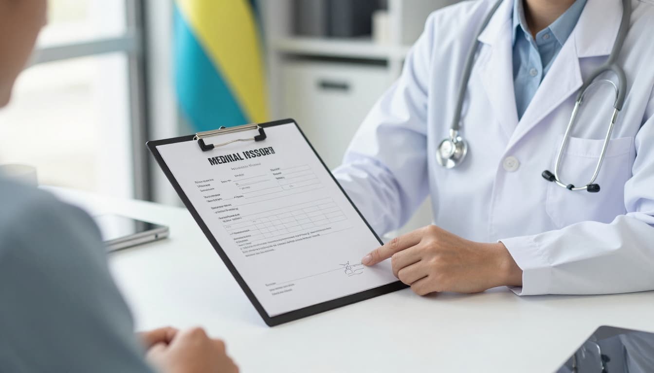 A professional doctor in a modern clinic sits at a desk, reviewing a patient's passport and health records while preparing to sign a medical fitness certificate for a travel visa. The certificate is visible on the desk with details like name, date, and signature space, alongside a subtle Bahamas flag in the background.
