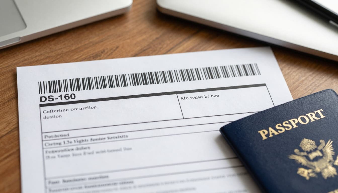 US Embassy Nassau Bahamas Visa Application Form to DS-160 2 Photorealistic close-up of printed DS-160 confirmation page featuring a barcode, placed on a wooden desk beside an open American passport with blank visa pages.