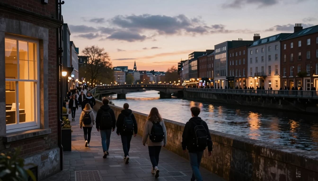 Cozy student accommodation in Dublin, Ireland, overlooking the River Liffey at dusk with warm lights in windows and students arriving with backpacks. Historic bridges and city skyline feature in the background under a soft evening glow, creating an atmospheric and inviting mood.