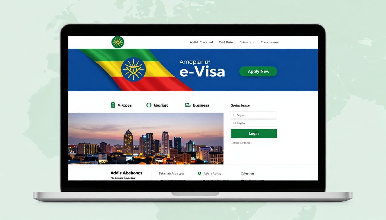 Realistic image of the Ethiopia e-visa website homepage interface on a computer screen, featuring Ethiopian flag colors, prominent 'Apply Now' button, visa types for tourist and business, login for status check, professional blue and green design with secure padlock, and subtle Ethiopia map background.