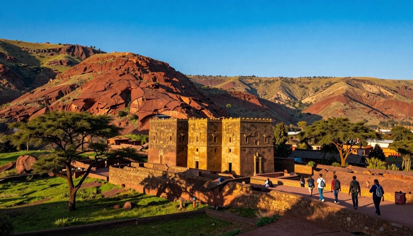 Vibrant Ethiopian landscape featuring ancient rock churches carved into red mountains in Lalibela under a clear blue sky, with tourists nearby and golden hour lighting illuminating green valleys and acacia trees.