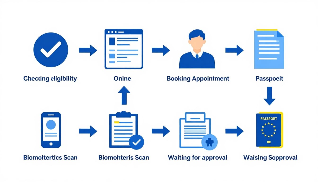Visa Application for Belgium from the UK ETIAS Guide 6 Illustrated step-by-step infographic depicting the EU visa application process, featuring icons for eligibility check, online form, appointment booking, document submission, biometrics, approval wait, and passport stamp, connected by arrows in blue and yellow.