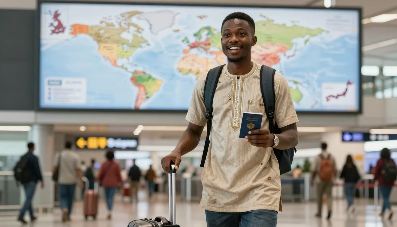 A young Nigerian male student in his early 20s, blending traditional attire with modern clothes, stands at an international airport departure gate holding a suitcase and passport, smiling excitedly. A blurred world map projection in the background highlights destinations like the UK, USA, Europe, and Japan, evoking a hopeful and adventurous mood.