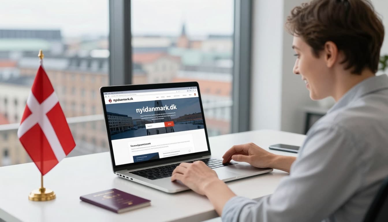 A professional non-EU worker sits at a modern desk in a bright Copenhagen office, laptop open to nyidanmark.dk, with passport, job contract, and Danish flag nearby, excitedly looking at the screen while city skyline shows through the window.