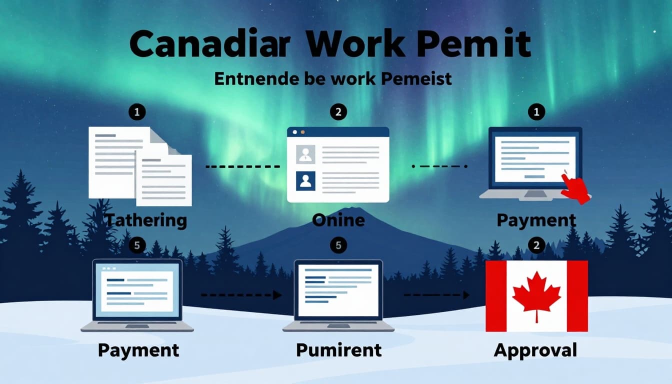 A simple infographic depicting the step-by-step process for extending a Canadian work permit as a clear path with milestones like gathering documents, online submission, payment, and waiting for approval. Illustrated in vibrant colors with a Canadian theme featuring subtle northern lights or mountains in the background, in an engaging and straightforward composition without text.