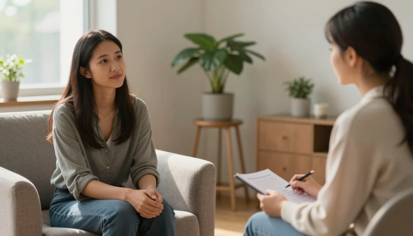 A woman victim of family violence engages in a supportive counseling session with a therapist in a calm Canadian office, illuminated by warm natural light filtering through the window.